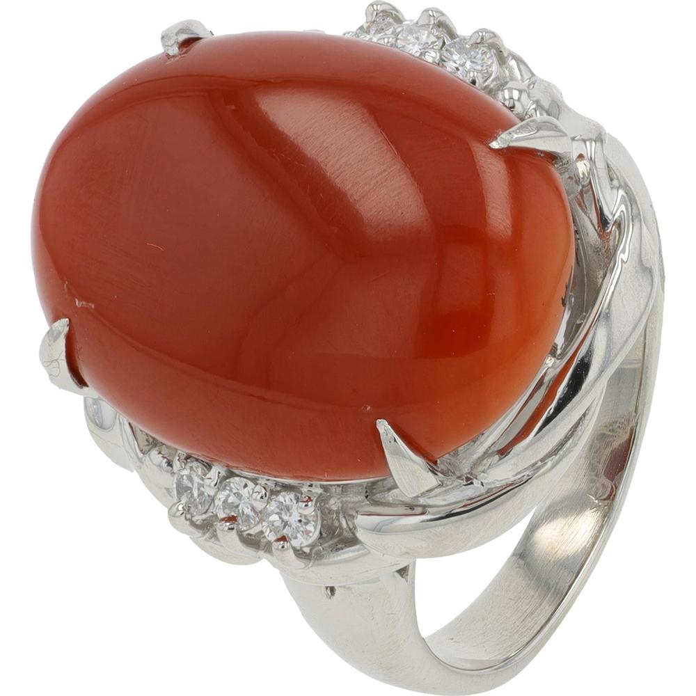 Platinum 8.63 Carat Coral Ring with Diamond Accents - 0.10 Carat Total Diamond Weight