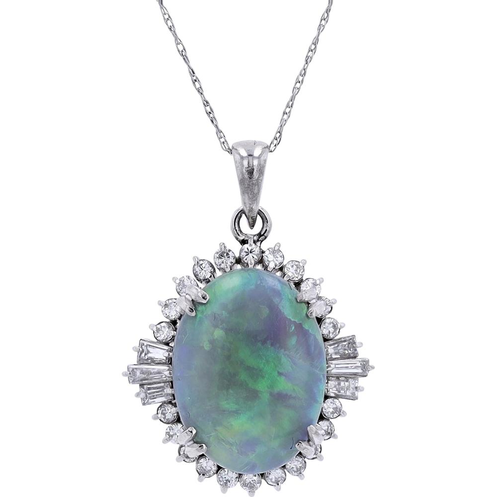 Platinum 8.65 Carat Black Opal Oval Pendant with 0.81 Carat Diamond Halo
