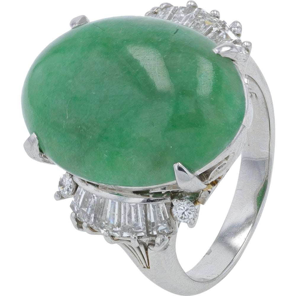 Platinum 8.66 Carat Oval Jade Cocktail Ring with Round and Baguette Diamond Accents - 0.645 Carat Total Diamond Weight