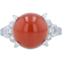 Platinum 8.92 Carat Round Coral Ring with 0.09 Carat Diamond Accents