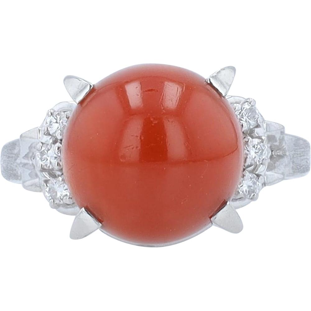 Platinum 8.92 Carat Round Coral Ring with 0.09 Carat Diamond Accents