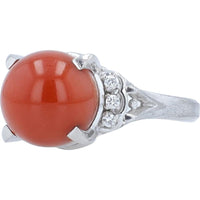 Platinum 8.92 Carat Round Coral Ring with 0.09 Carat Diamond Accents