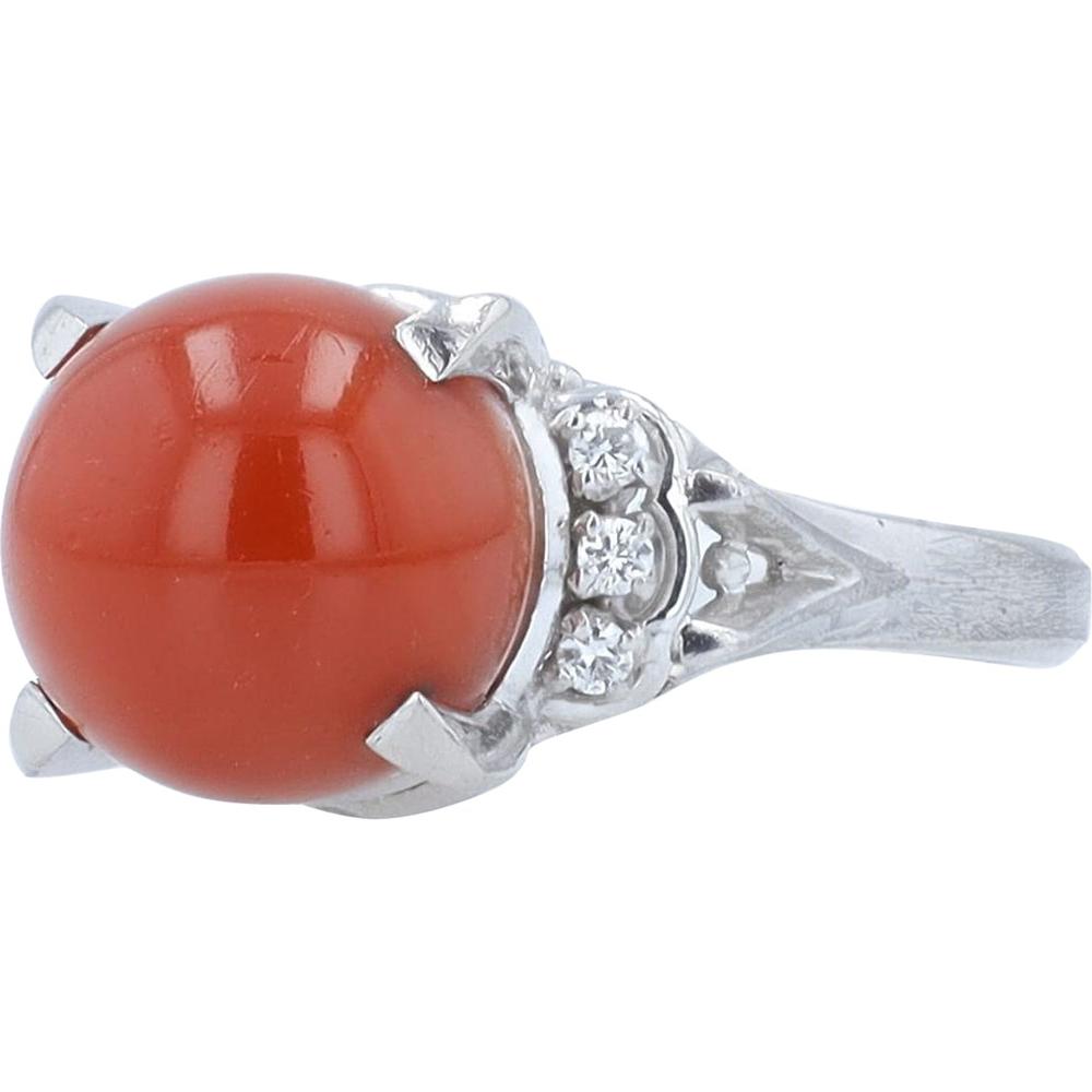 Platinum 8.92 Carat Round Coral Ring with 0.09 Carat Diamond Accents