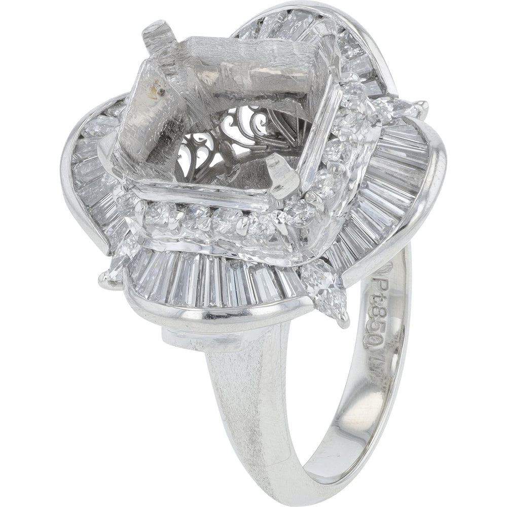 Platinum 850 Diamond Semi-Mount Ring with Baguette and Round Diamond Halo - 2.07 Carat Total Diamond Weight