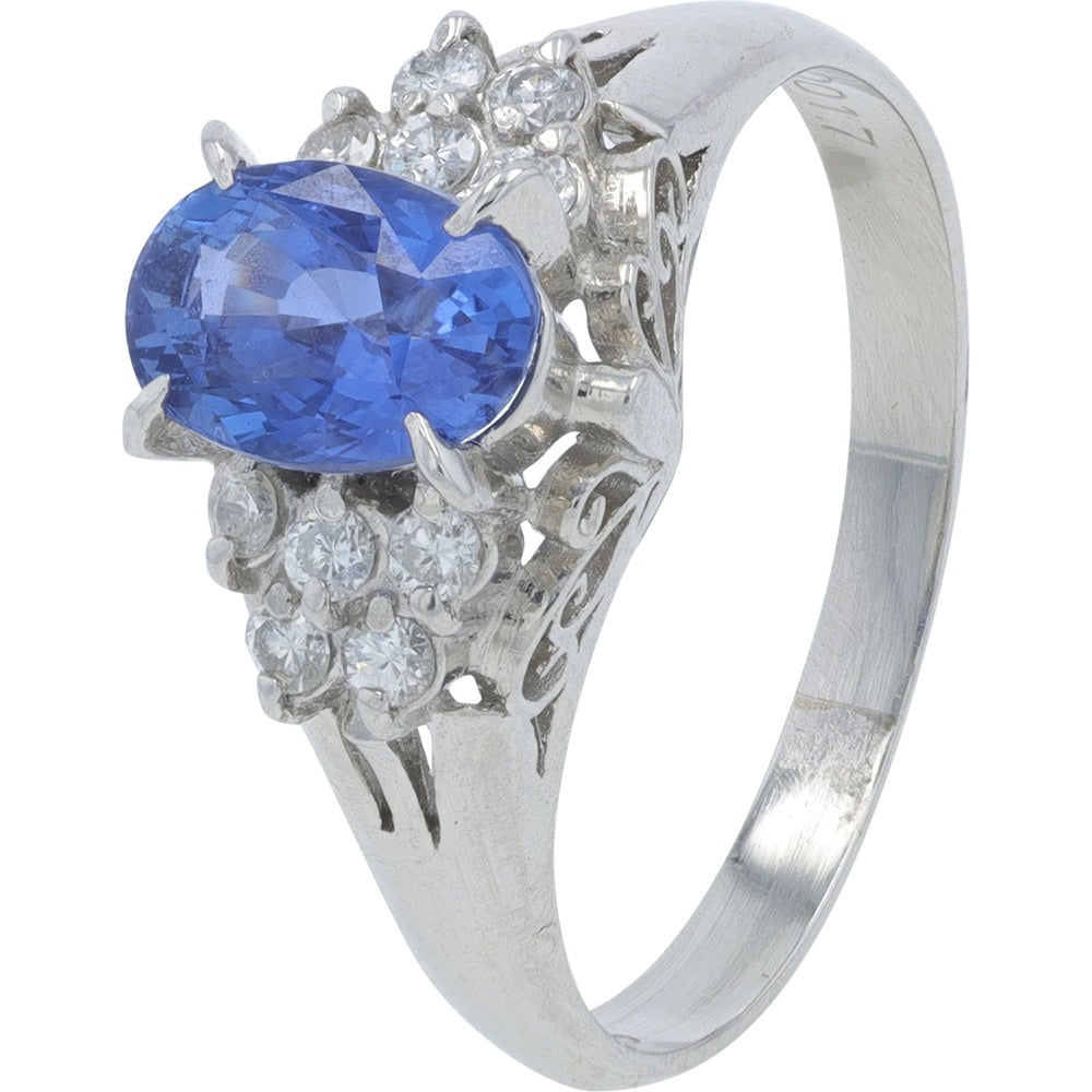 Platinum 850 Floral Halo Ring with Oval Sapphire and Diamond Accents - 1.25 Carat Sapphire Total Weight and 0.17 Carat Diamond Total Weight