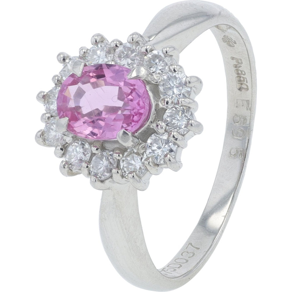 Platinum 850 Halo Ring with 0.75 Carat Oval Pink Sapphire and 0.37 Carat Round Diamond Accents