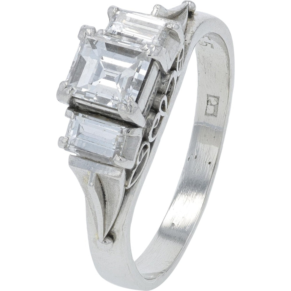 Platinum 850 Three-Stone Engagement Ring with 0.55 Carat Round Center Diamond and Baguette Side Stones - 0.88 Carat Total Diamond Weight