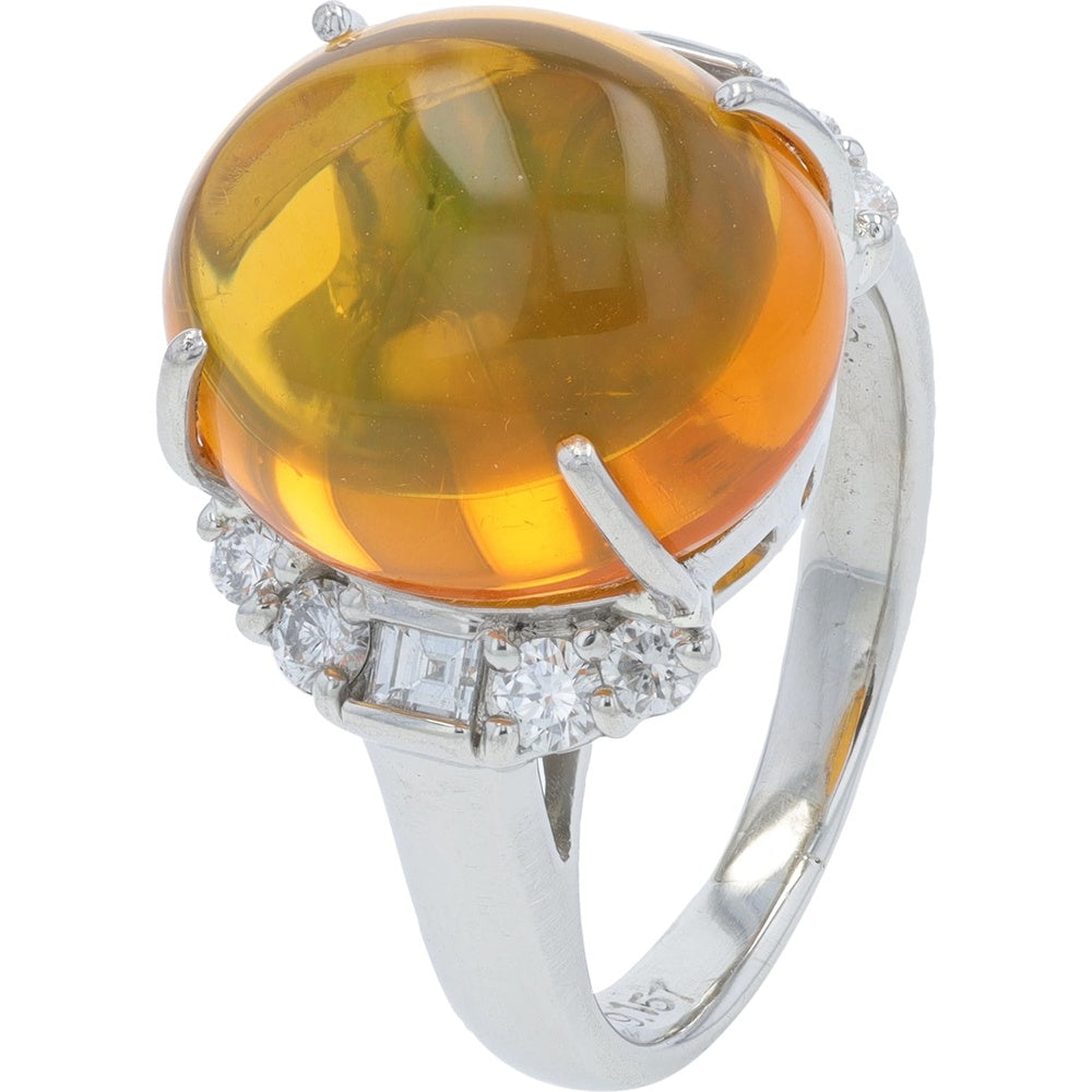 Platinum 9.157 Carat Cabochon Fire Opal Ring with Round and Square Diamond Accents - 0.50 Carat Total Diamond Weight