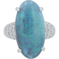 Platinum 9.36 Carat Oval Cabochon Opal Ring with Micro-Pavé Diamond Set Shoulders - 0.28 Carat Total Diamond Weight