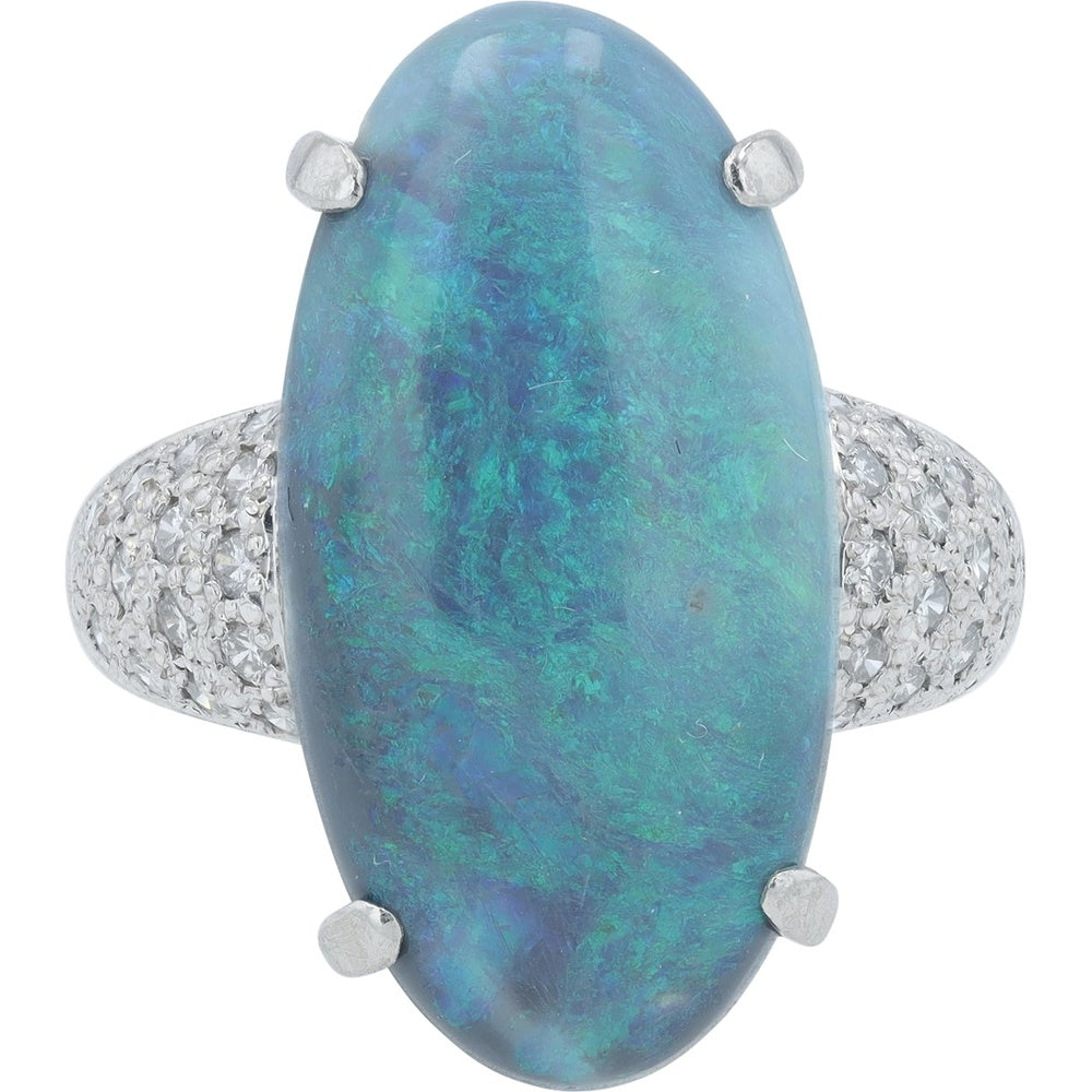 Platinum 9.36 Carat Oval Cabochon Opal Ring with Micro-Pavé Diamond Set Shoulders - 0.28 Carat Total Diamond Weight