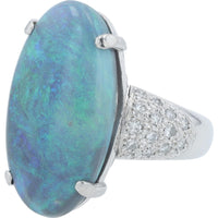 Platinum 9.36 Carat Oval Cabochon Opal Ring with Micro-Pavé Diamond Set Shoulders - 0.28 Carat Total Diamond Weight