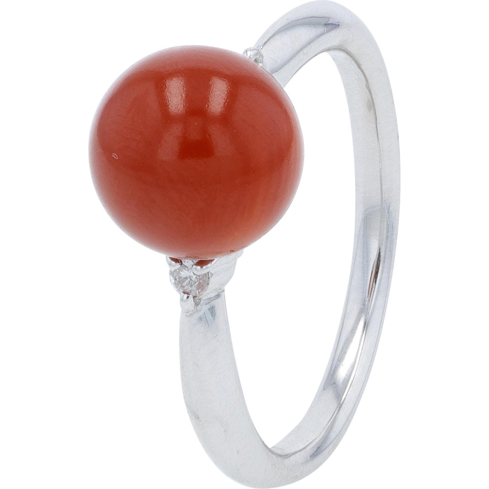 Platinum 9.3mm Round Coral Ring with Diamond Accents - 0.05 Carat Total Diamond Weight