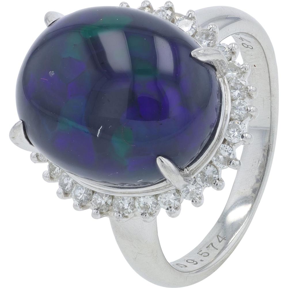 Platinum 9.57 Carat Black Opal Center Ring with Diamond Halo - 0.48 Carat Total Diamond Weight