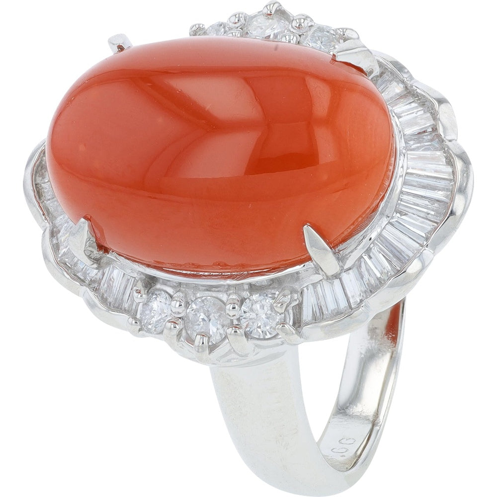Platinum 9.66 Carat Cabochon Coral Ring with Baguette and Round Diamond Halo - 0.78 Carat Total Diamond Weight