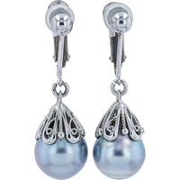 Platinum 9.8mm Tahitian Pearl Drop Earrings with Vintage-Inspired Openwork Caps and Secure Clip Backs