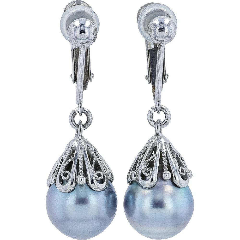 Platinum 9.8mm Tahitian Pearl Drop Earrings with Vintage-Inspired Openwork Caps and Secure Clip Backs