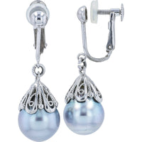 Platinum 9.8mm Tahitian Pearl Drop Earrings with Vintage-Inspired Openwork Caps and Secure Clip Backs