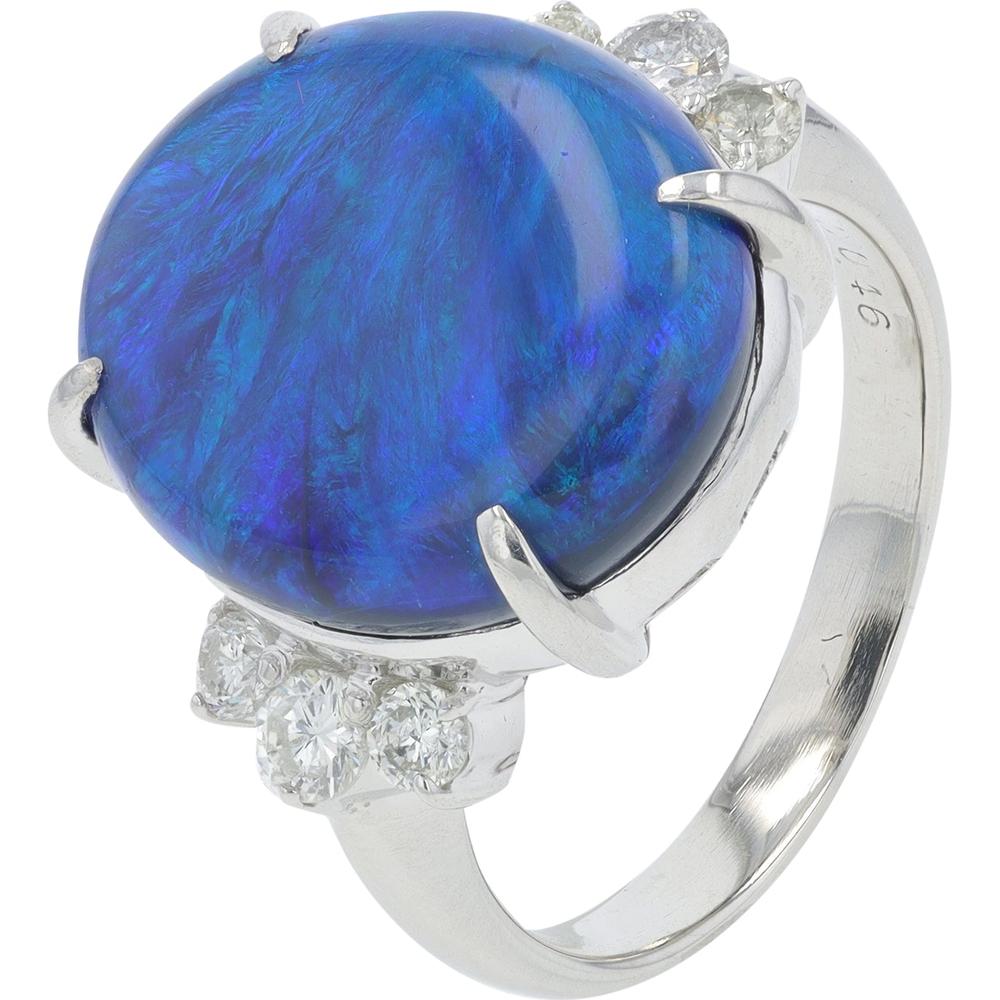 Platinum 9.924 Carat Black Opal Ring with 0.46 Carat Diamond Accents