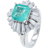 Platinum 900 1.97 Carat Square Cut F1 Colombian Emerald Ring with Baguette Diamond Sunburst Halo - 1.52 Carat Total Diamond Weight
