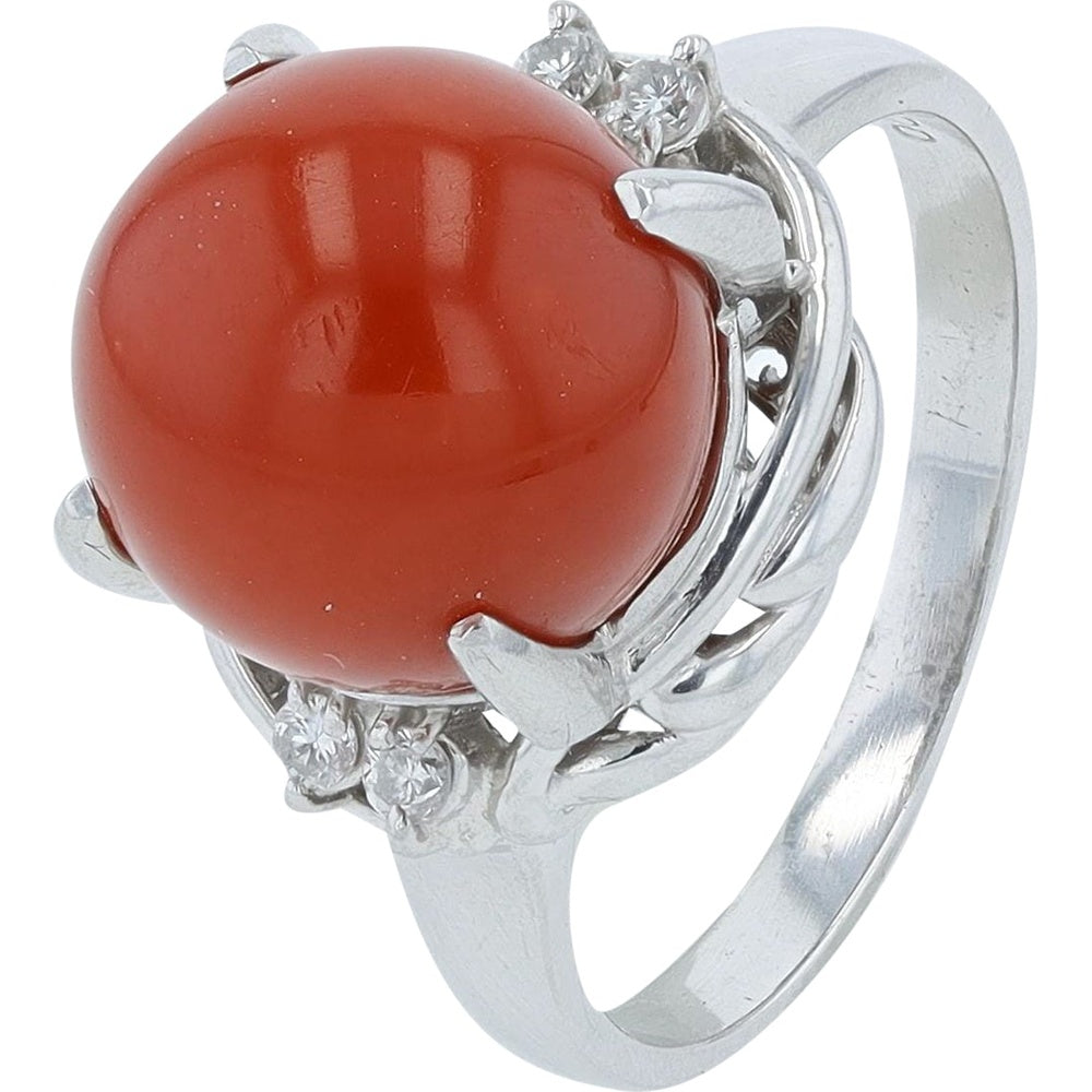Platinum 900 10.7mm Coral Cabochon Ring with Diamond Accents - 0.04 Carat Total Diamond Weight