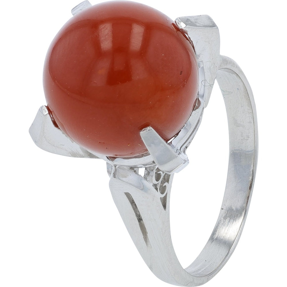 Platinum 900 12mm Round Cabochon Coral Statement Ring - Vibrant Red-Orange Coral Center Stone