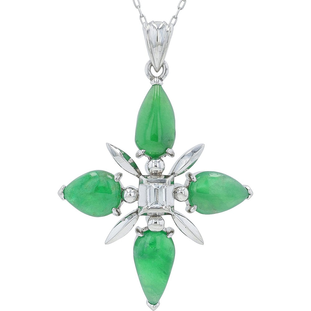 Platinum 900 18-Inch Pendant Necklace with Pear-Shaped Jade and Diamond Starburst Accents - 1.20 Carat Total Jade Weight and 0.10 Carat Diamond Total Weight