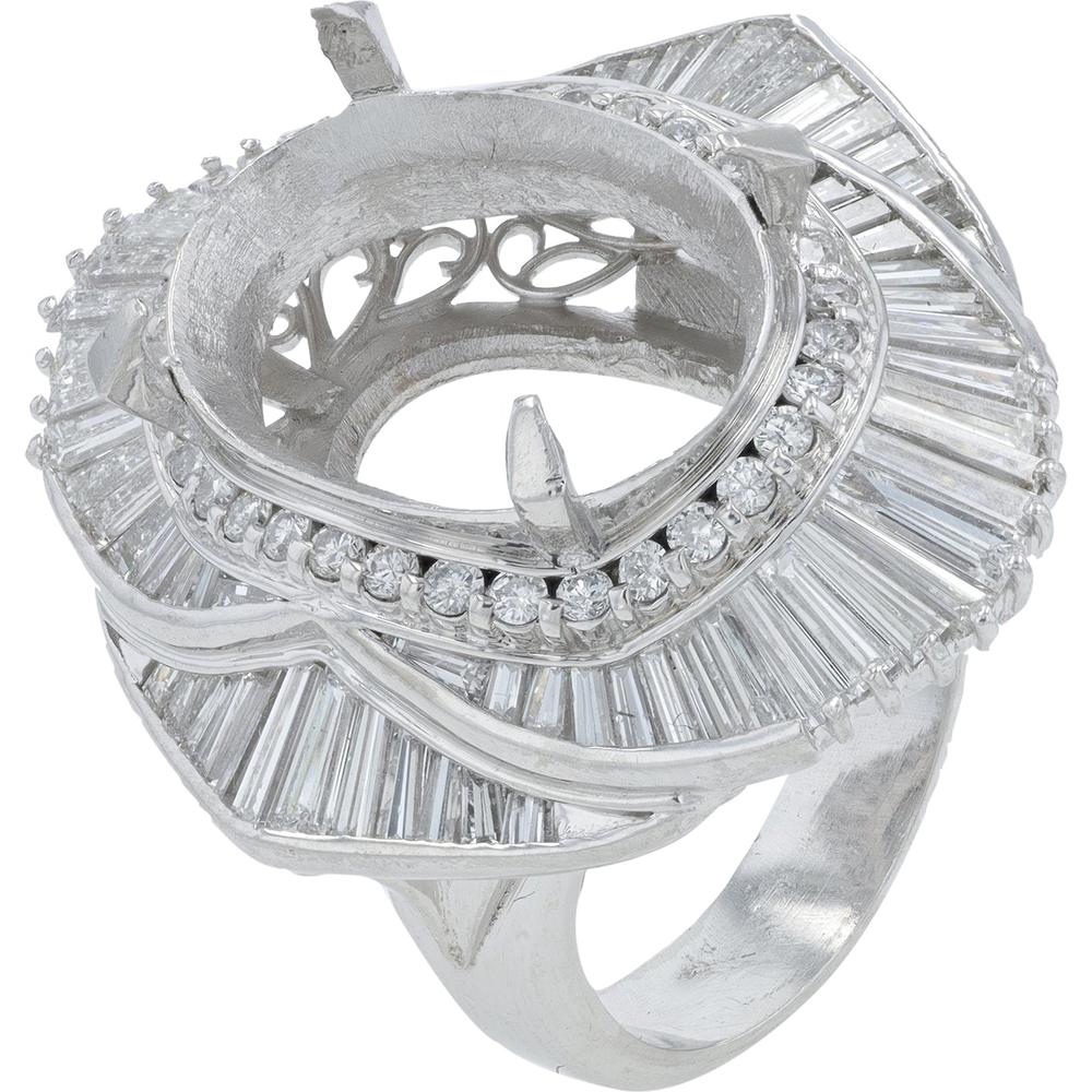 Platinum 900 2.65 Carat Diamond Semi-Mount Ring with Round and Baguette Diamonds