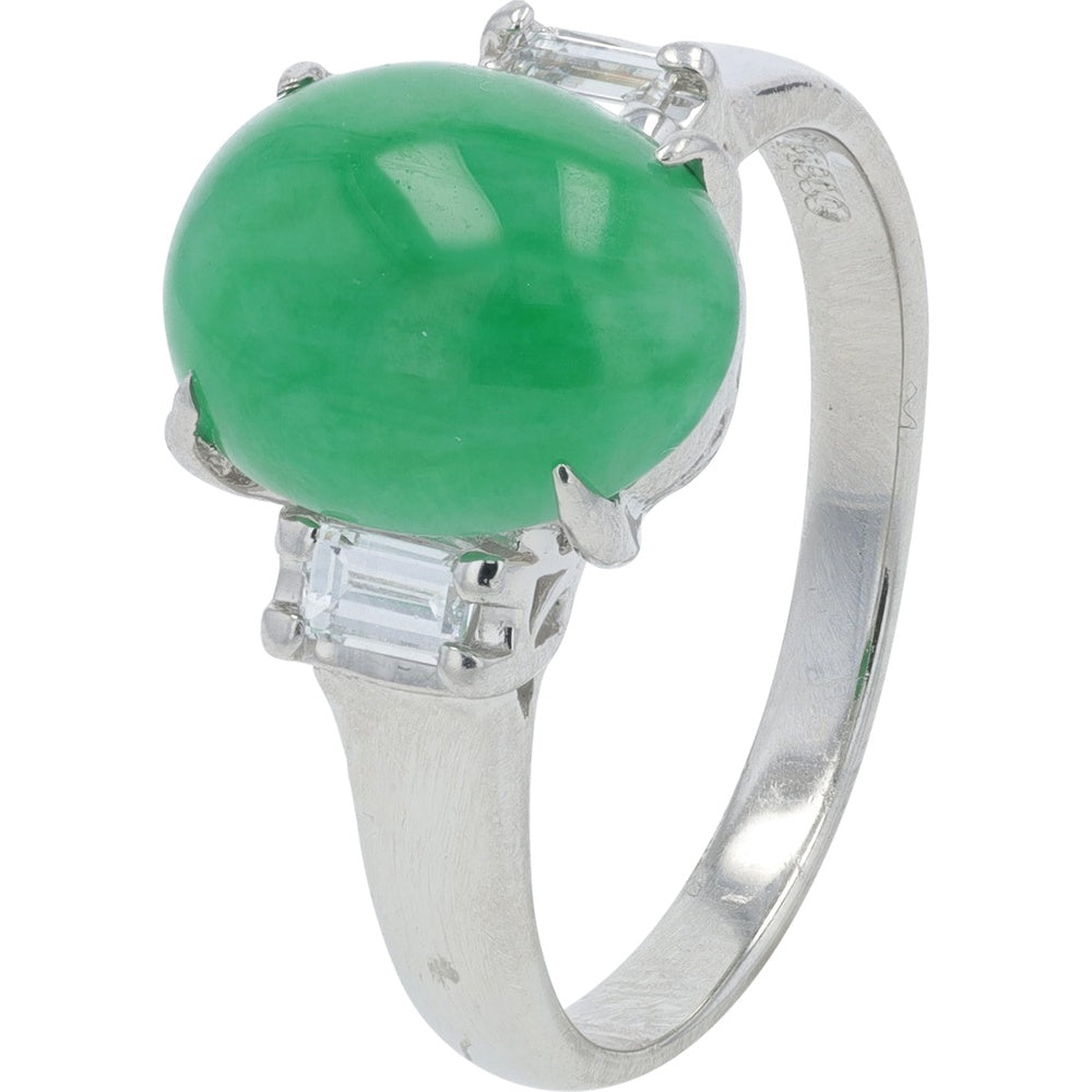 Platinum 900 3.58 Carat Oval Cabochon Jade Ring with Baguette Cut Diamond Accents - 0.16 Carat Total Diamond Weight
