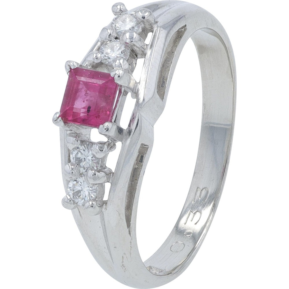 Platinum 900 3-Stone Ring with Square-Cut Ruby and Round Diamond Accents - 0.33 Carat Ruby and 0.12 Carat Total Diamond Weight