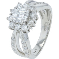 Platinum 900 Asscher Cut Diamond Halo Engagement Ring with Bead-Set Shoulder Diamonds - 1.01 Carat Center Stone and 1.62 Carat Total Diamond Weight