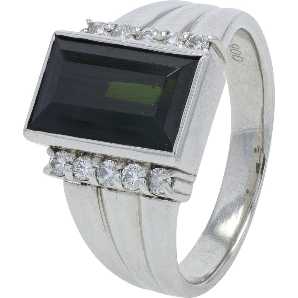 Platinum 900 Baguette-Cut Green Tourmaline Ring with Diamond Accents - 3.33 Carat Main Stone and 0.20 Carat Total Diamond Weight