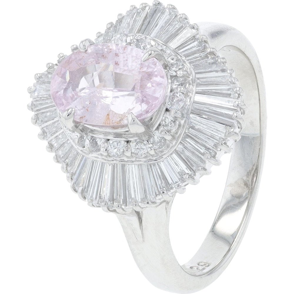 Platinum 900 Ballerina Ring with 1.29 Carat Oval Pink Sapphire and 0.95 Carat Baguette Diamond Halo - Size 5