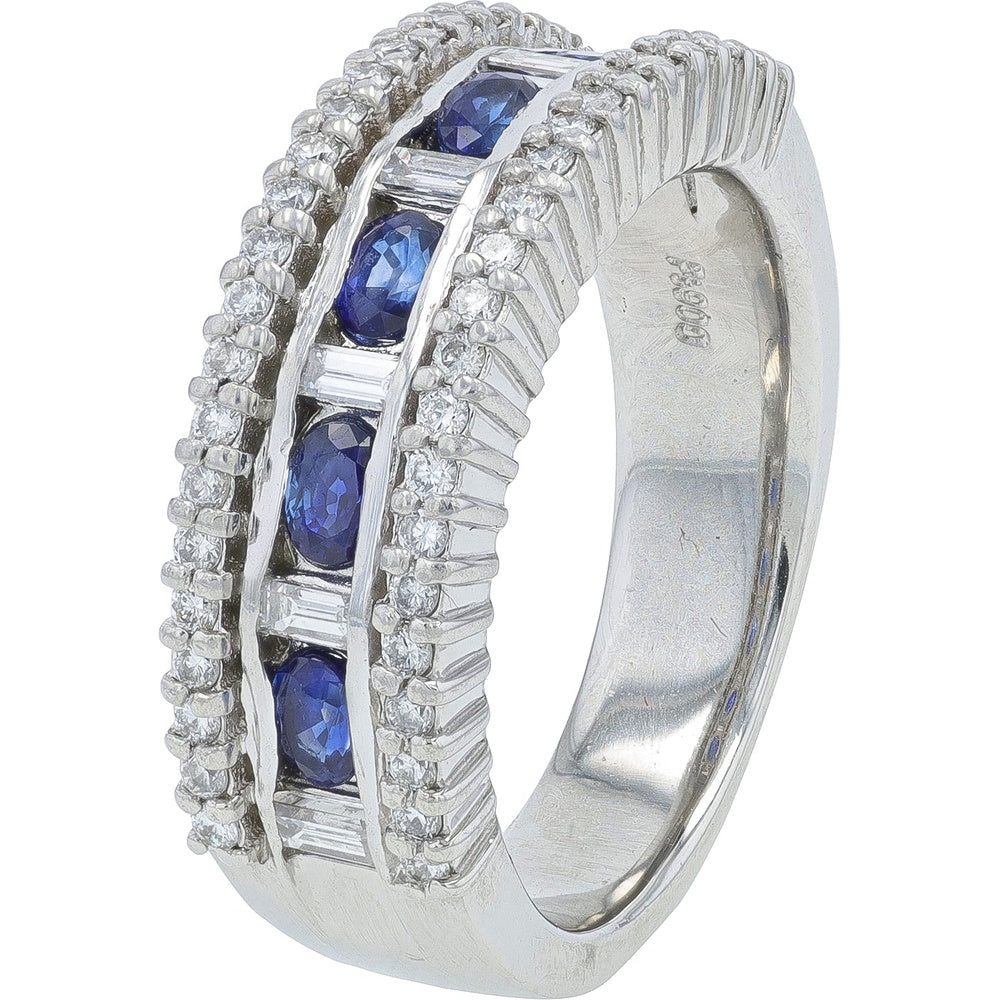 Platinum 900 Band with Channel-Set Oval Sapphires and Baguette Diamonds - 0.70 Carat Sapphire and 0.53 Carat Diamond Weight