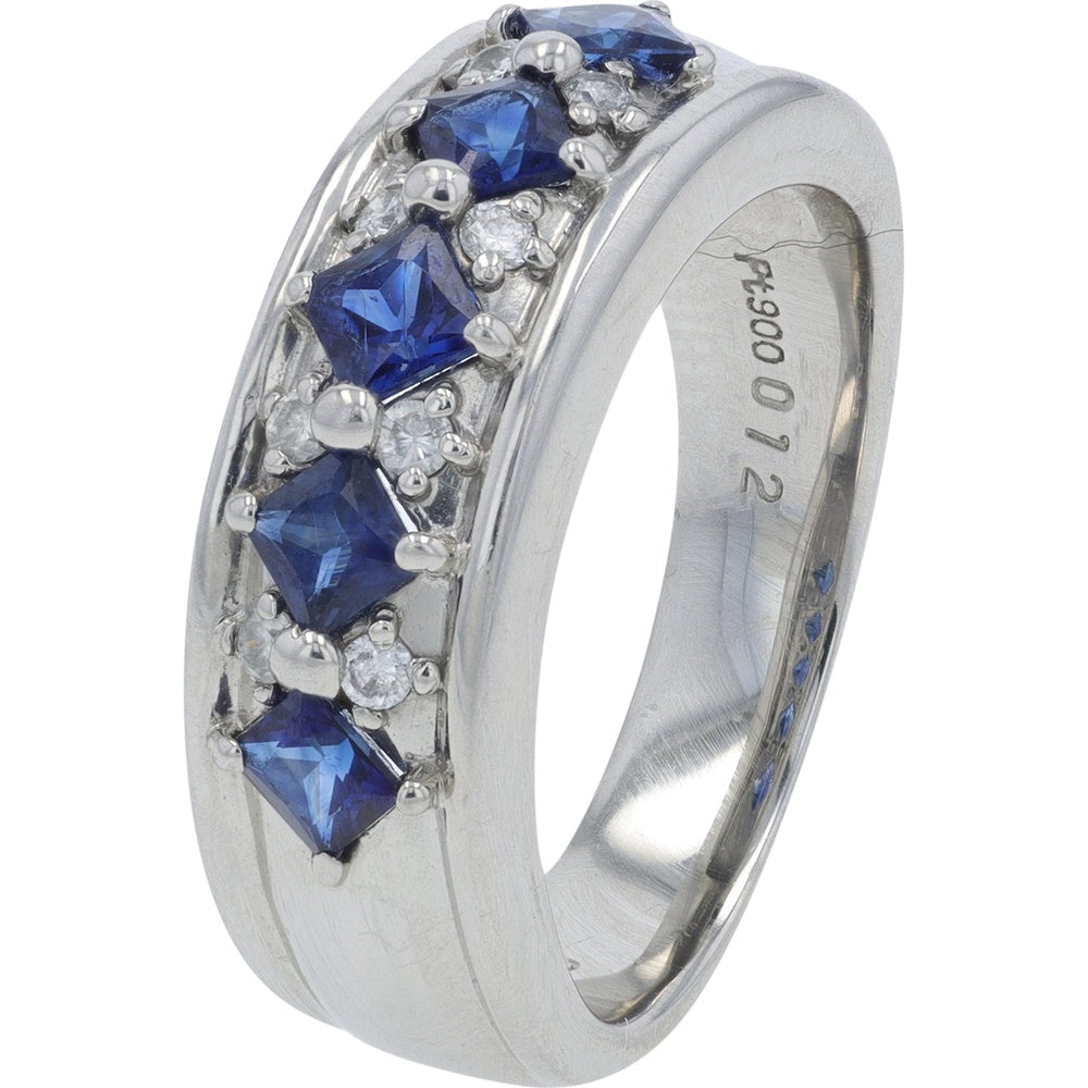 Platinum 900 Band with Prong-Set Square Sapphires and Diamond Accents - 0.85 Carat Total Sapphire Weight and 0.12 Carat Total Diamond Weight