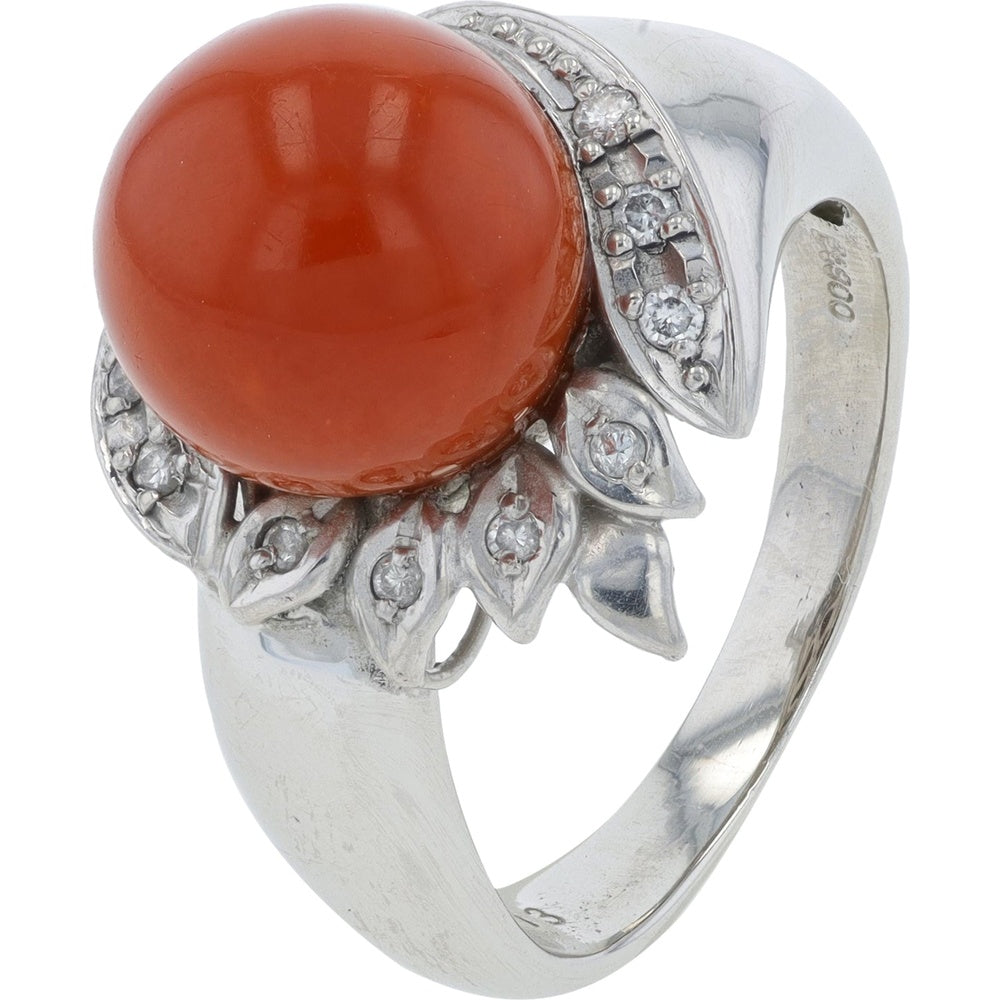Platinum 900 Botanical Ring with 11mm Coral Cabochon and 0.13 Carat Diamond Accents