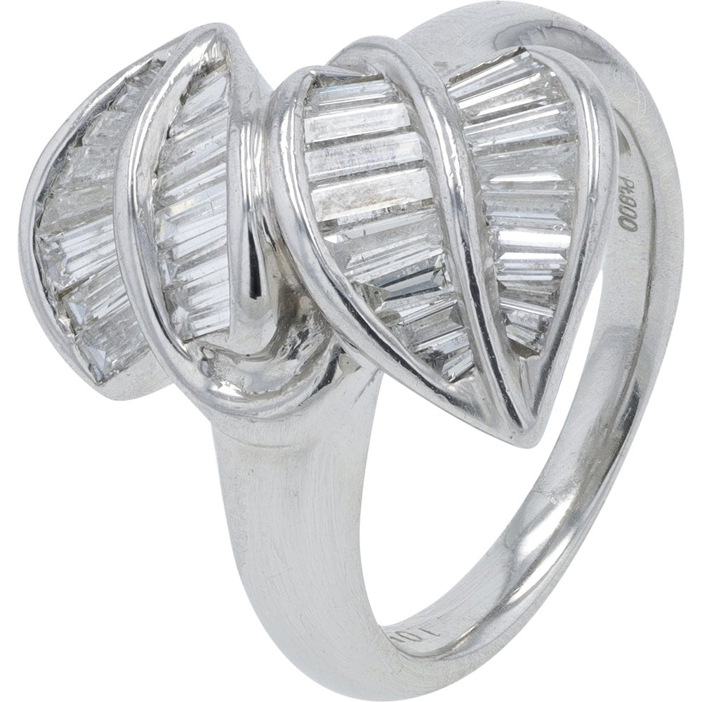 Platinum 900 Bypass Leaf Ring with Channel-Set Baguette Diamonds - 1.05 Carat Total Diamond Weight