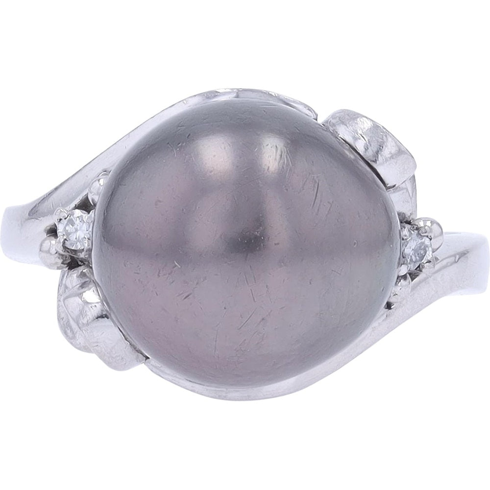 Platinum 900 Bypass Ring with Tahitian Pearl and Diamond Accents - 0.04 Carat Total Diamond Weight