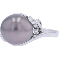 Platinum 900 Bypass Ring with Tahitian Pearl and Diamond Accents - 0.04 Carat Total Diamond Weight