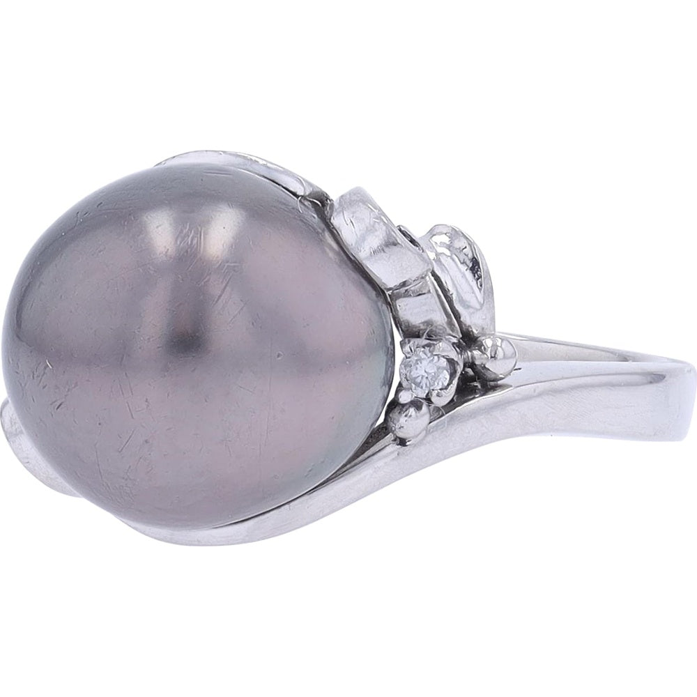 Platinum 900 Bypass Ring with Tahitian Pearl and Diamond Accents - 0.04 Carat Total Diamond Weight