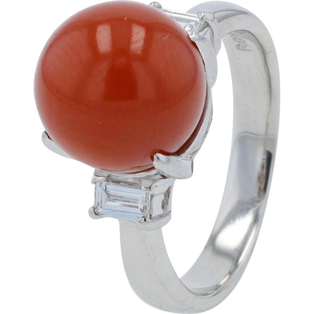 Platinum 900 Cabochon Coral Ring with Baguette Diamond Accent - 0.20 Carat Total Diamond Weight - Size 5.75