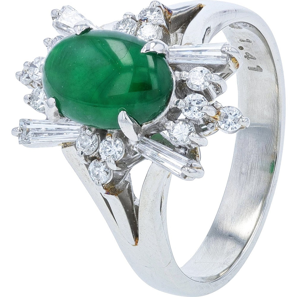 Platinum 900 Cabochon Jade Ring with Round and Baguette Diamond Halo - 1.41 Carat Jade and 0.41 Carat Total Diamond Weight