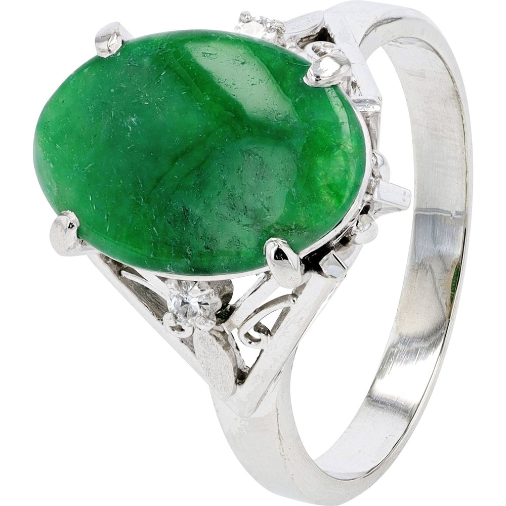Platinum 900 Cabochon Oval Jade Ring with Diamond Accents - 3.83 Carat Total Jade Weight