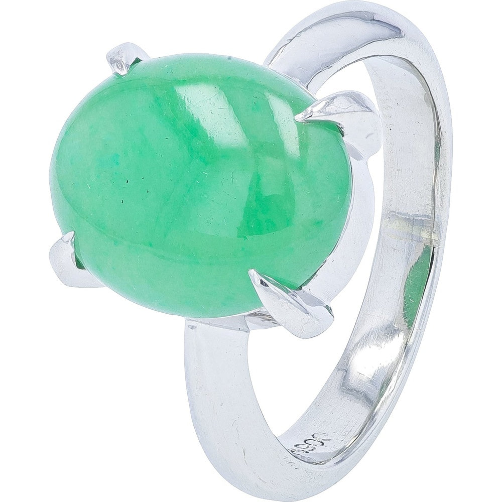 Platinum 900 Cabochon Solitaire Ring with Natural Green Jade - 5.14 Carat Total Gem Weight