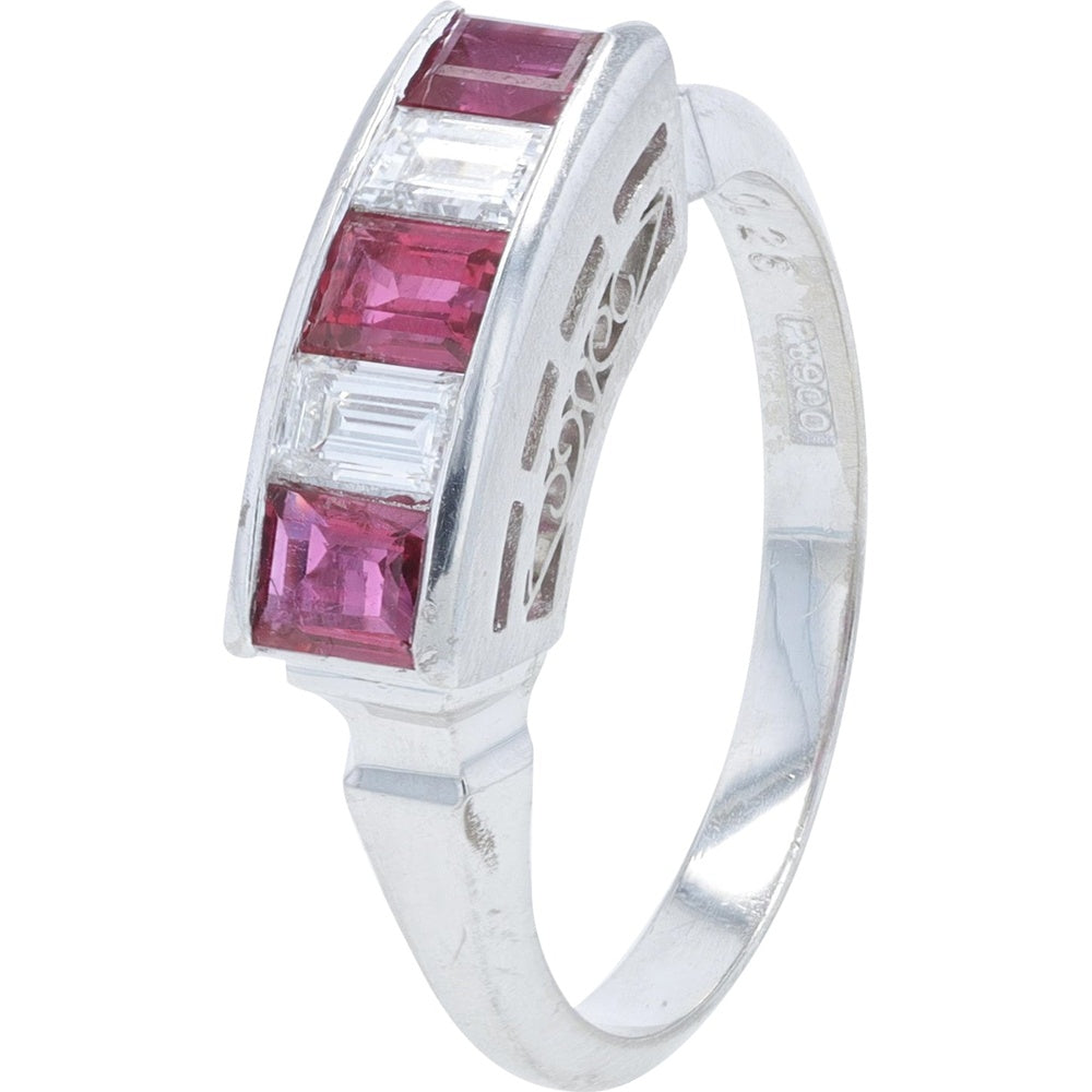 Platinum 900 Channel-Set Baguette Ruby and Diamond Band Ring - 0.69 Carat Total Ruby Weight and 0.26 Carat Total Diamond Weight