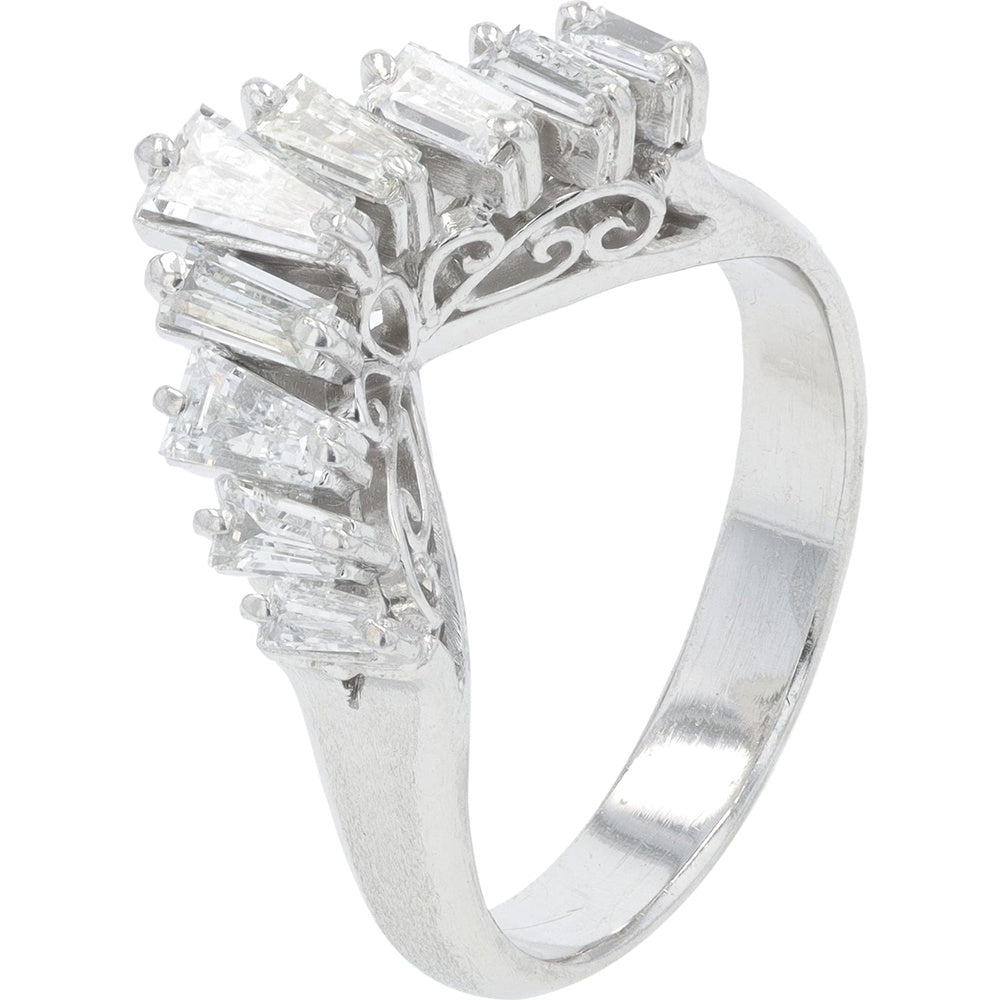 Platinum 900 Chevron Band with Cascading Baguette Cut Diamonds - 0.70 Carat Total Diamond Weight