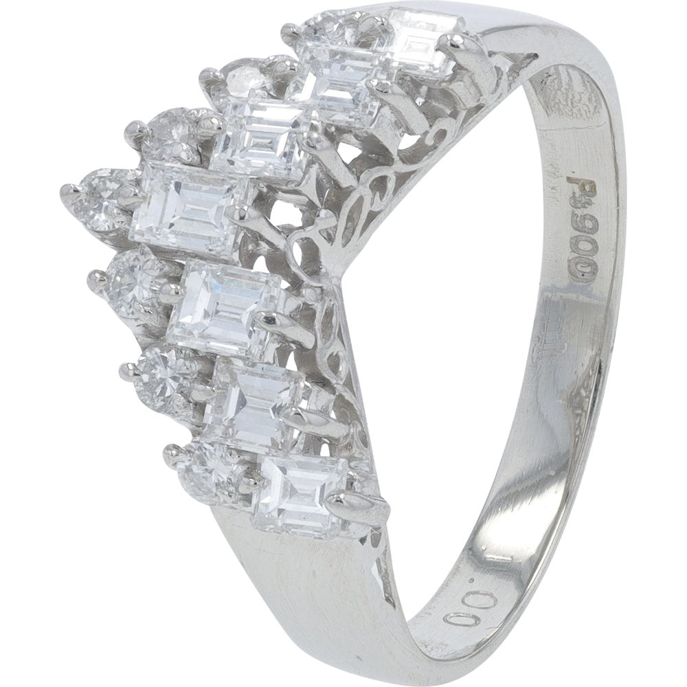 Platinum 900 Chevron Band with Prong-Set Baguette and Round Diamonds - 1.00 Carat Total Diamond Weight