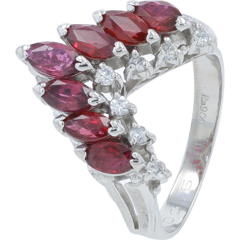 Platinum 900 Chevron Ring with Marquise-Cut Rubies and Round Diamond Accents - 1.95 Carat Total Ruby Weight and 0.15 Carat Diamond Weight