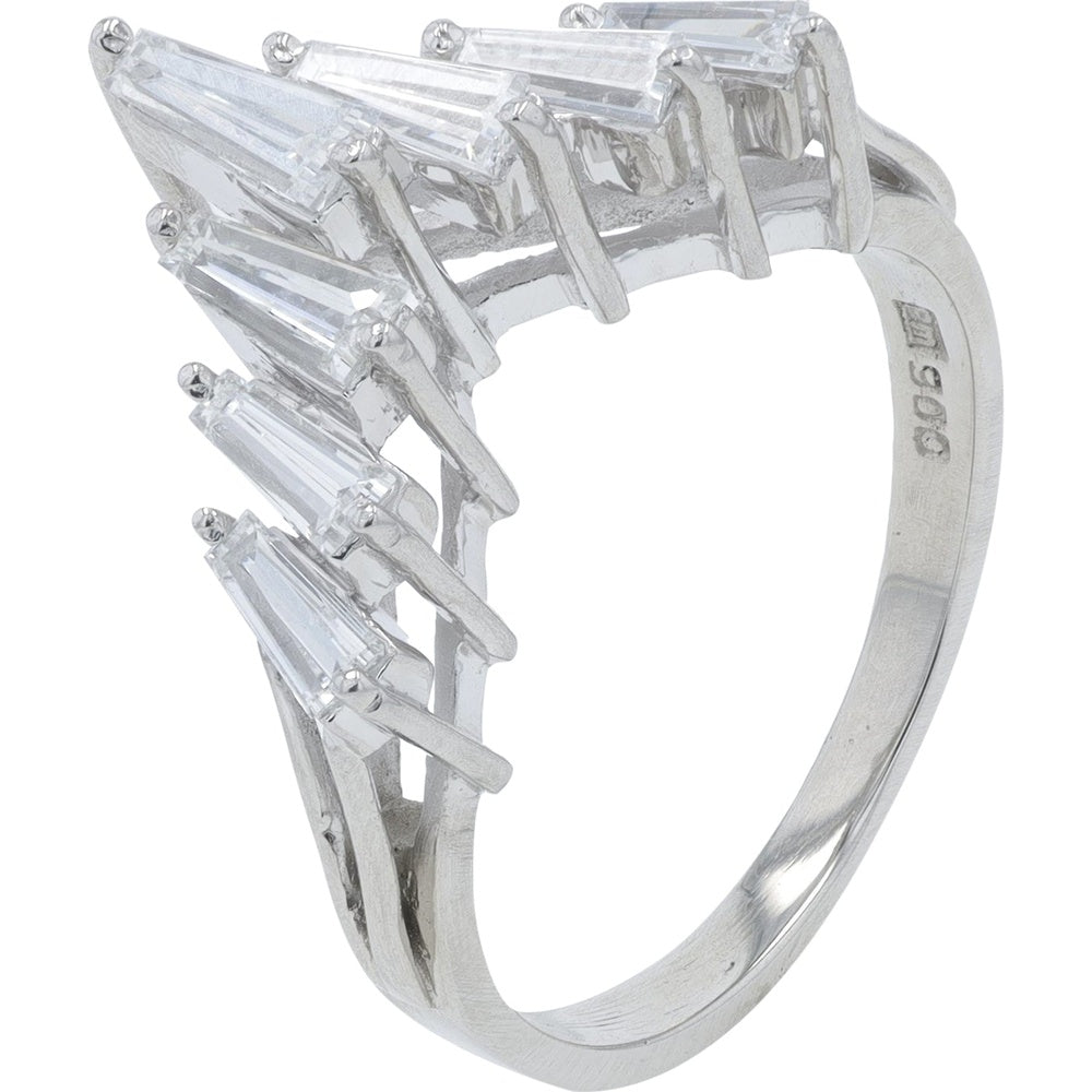 Platinum 900 Chevron Ring with Prong-Set Baguette Diamonds - 0.91 Carat Total Diamond Weight