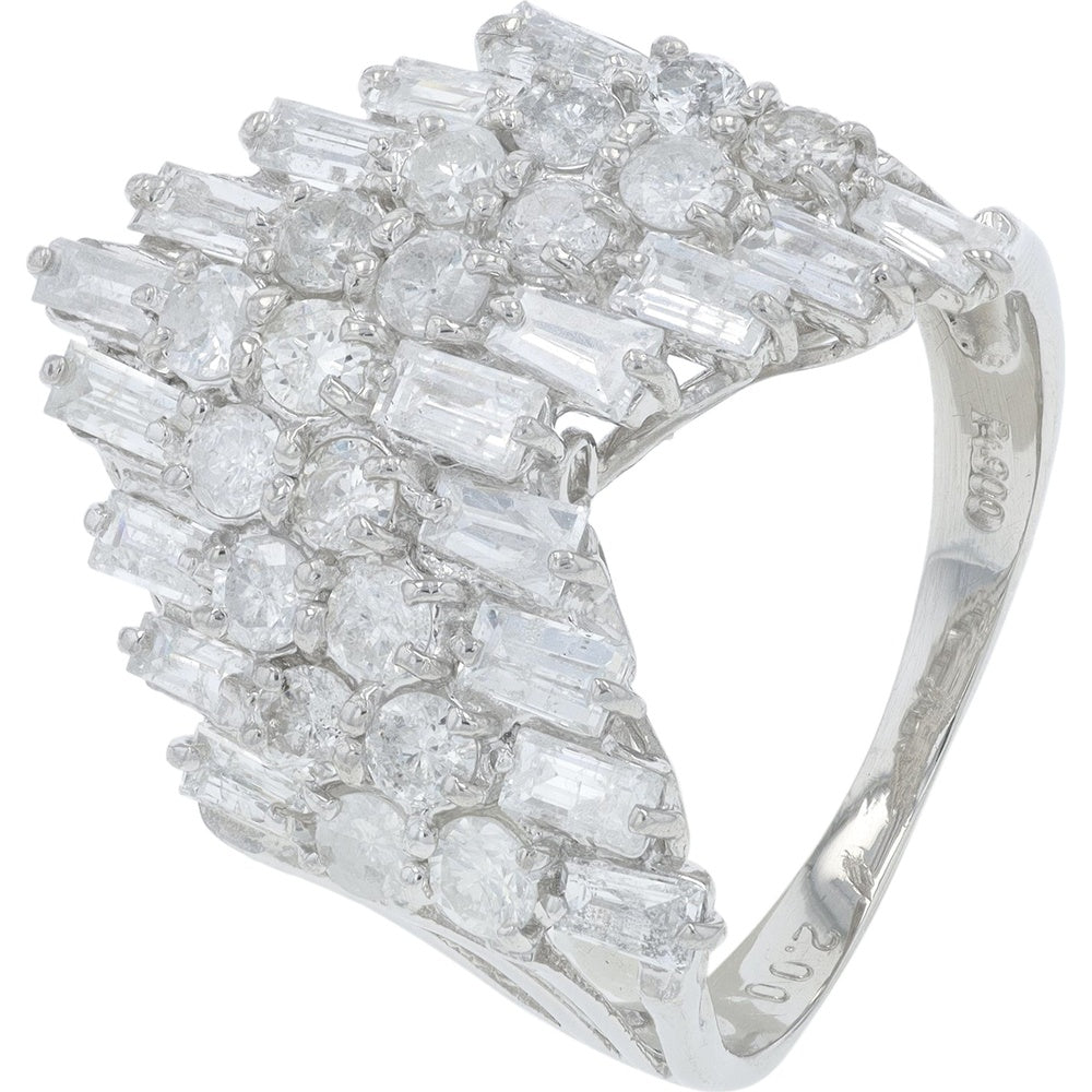 Platinum 900 Chevron Ring with Round and Baguette Cut Diamonds - 2.01 Carat Total Diamond Weight