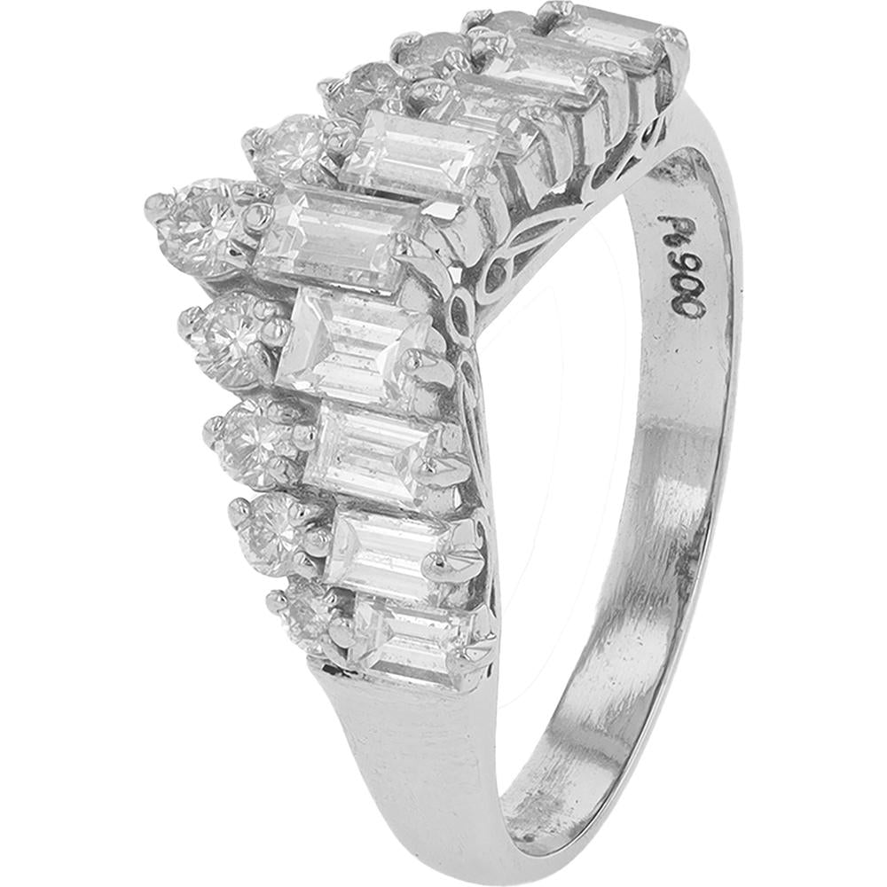 Platinum 900 Chevron Ring with Round and Baguette Diamonds - 1.00 Carats Total Diamond Weight